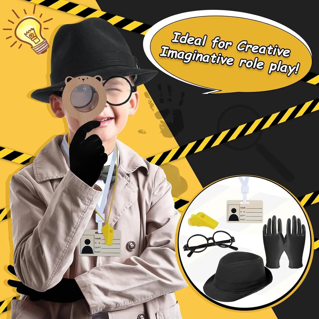 Wudly Wooden Detective Role Play Set for Kids, 15 Pieces with Evidence Markers, Wooden Tools, Case File, Black Hat and Accessories - Naivri