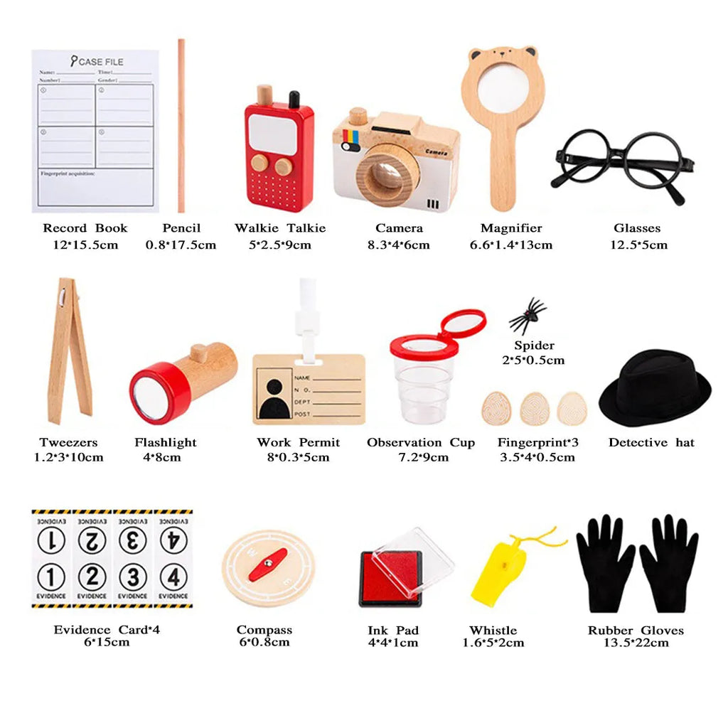 Wudly Wooden Detective Role Play Set for Kids, 15 Pieces with Evidence Markers, Wooden Tools, Case File, Black Hat and Accessories - Naivri