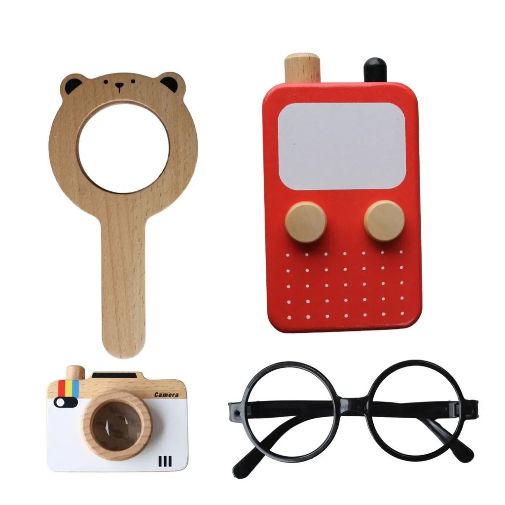 Wudly Wooden Detective Role Play Set for Kids, 15 Pieces with Evidence Markers, Wooden Tools, Case File, Black Hat and Accessories - Naivri