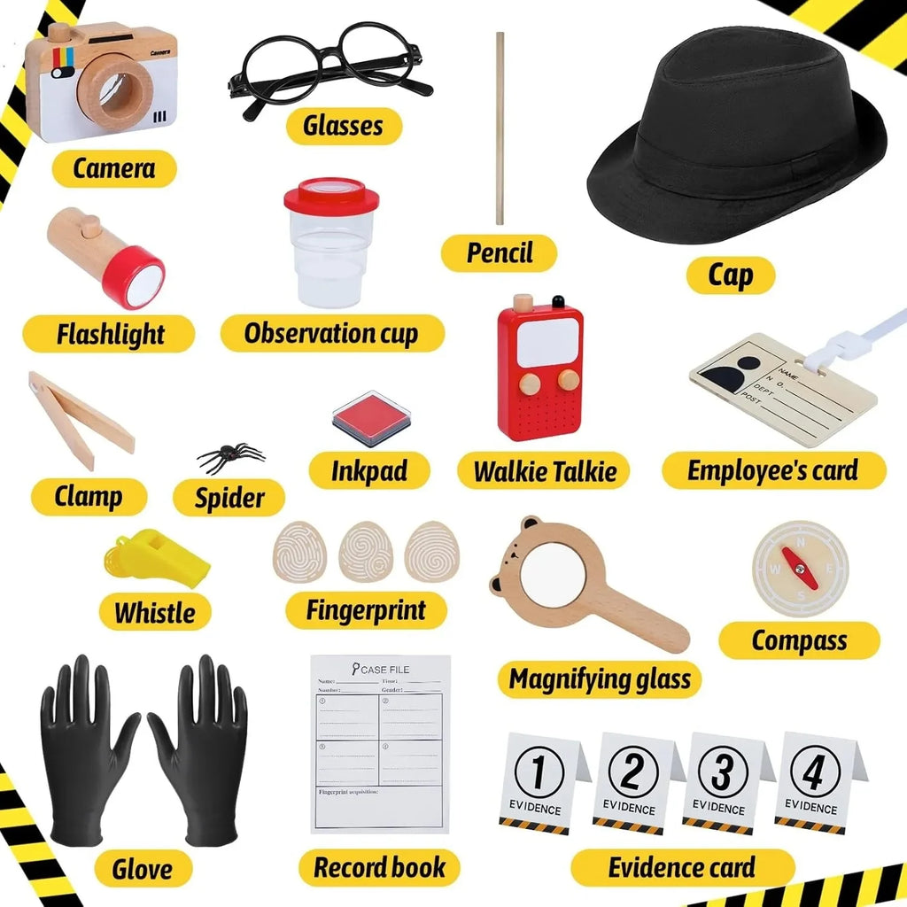 Wudly Wooden Detective Role Play Set for Kids, 15 Pieces with Evidence Markers, Wooden Tools, Case File, Black Hat and Accessories - Naivri