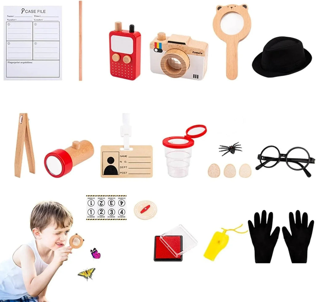 Wudly Wooden Detective Role Play Set for Kids, 15 Pieces with Evidence Markers, Wooden Tools, Case File, Black Hat and Accessories - Naivri