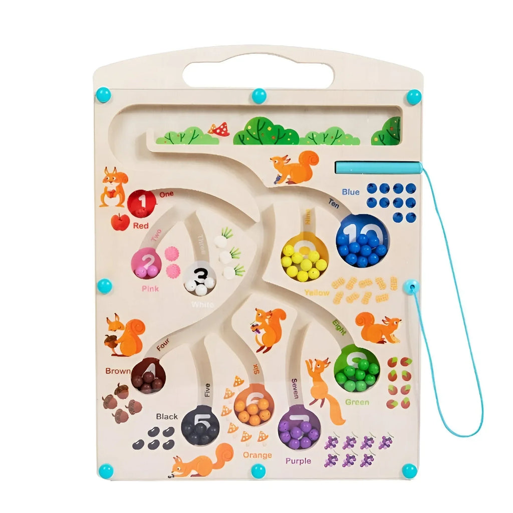 Wudly Wooden Educational Magnetic Squirrel Feeding Game, Colours & Numbers Learning Toy - Naivri