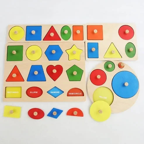 Wudly - Wooden Knob Puzzle Board, Preschool Learning Puzzle, Geometric Shapes Puzzle Board For Toddlers Ages 2+ Year (Set of 4 ), with Multi color & Child Safe Certified - Naivri