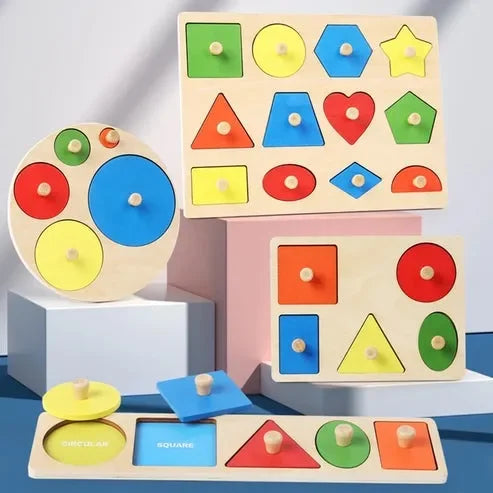 Wudly - Wooden Knob Puzzle Board, Preschool Learning Puzzle, Geometric Shapes Puzzle Board For Toddlers Ages 2+ Year (Set of 4 ), with Multi color & Child Safe Certified - Naivri