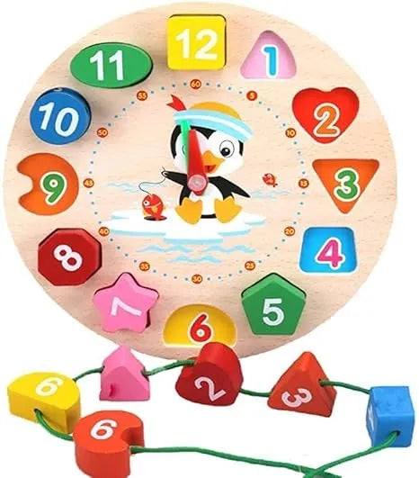 Wudly Wooden Learning Clock Toy with Lacing numbers. Time Learning Clock Puzzle for kids. Shapes and Colour Sorting & Stacking Learning Montessori Toy for 2 + Year Kids. 14 Pieces Set. Child Safe Certified.(Multicolor) - Naivri