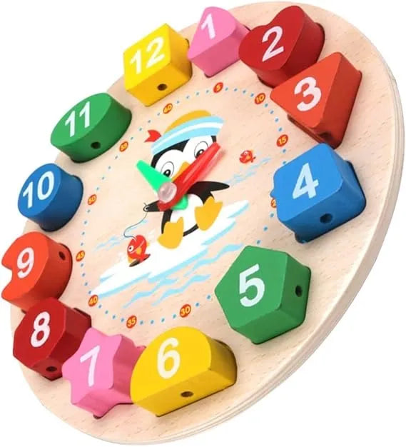 Wudly Wooden Learning Clock Toy with Lacing numbers. Time Learning Clock Puzzle for kids. Shapes and Colour Sorting & Stacking Learning Montessori Toy for 2 + Year Kids. 14 Pieces Set. Child Safe Certified.(Multicolor) - Naivri