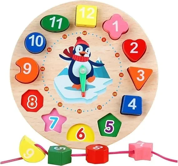 Wudly Wooden Learning Clock Toy with Lacing numbers. Time Learning Clock Puzzle for kids. Shapes and Colour Sorting & Stacking Learning Montessori Toy for 2 + Year Kids. 14 Pieces Set. Child Safe Certified.(Multicolor) - Naivri