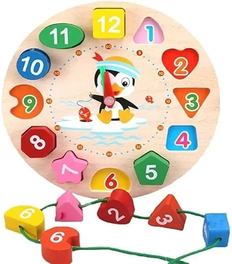 Wudly Wooden Learning Clock Toy with Lacing numbers. Time Learning Clock Puzzle for kids. Shapes and Colour Sorting & Stacking Learning Montessori Toy for 2 + Year Kids. 14 Pieces Set. Child Safe Certified.(Multicolor) - Naivri