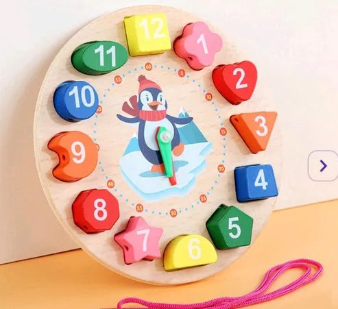 Wudly Wooden Learning Clock Toy with Lacing numbers. Time Learning Clock Puzzle for kids. Shapes and Colour Sorting & Stacking Learning Montessori Toy for 2 + Year Kids. 14 Pieces Set. Child Safe Certified.(Multicolor) - Naivri