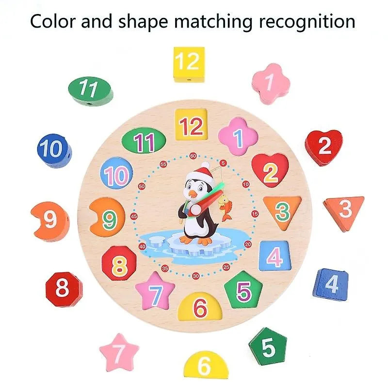 Wudly Wooden Learning Clock Toy with Lacing numbers. Time Learning Clock Puzzle for kids. Shapes and Colour Sorting & Stacking Learning Montessori Toy for 2 + Year Kids. 14 Pieces Set. Child Safe Certified.(Multicolor) - Naivri