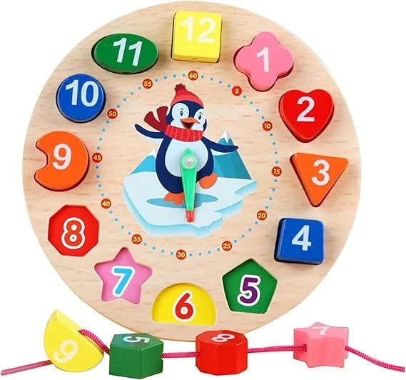 Wudly Wooden Learning Clock Toy with Lacing numbers. Time Learning Clock Puzzle for kids. Shapes and Colour Sorting & Stacking Learning Montessori Toy for 2 + Year Kids. 14 Pieces Set. Child Safe Certified.(Multicolor) - Naivri