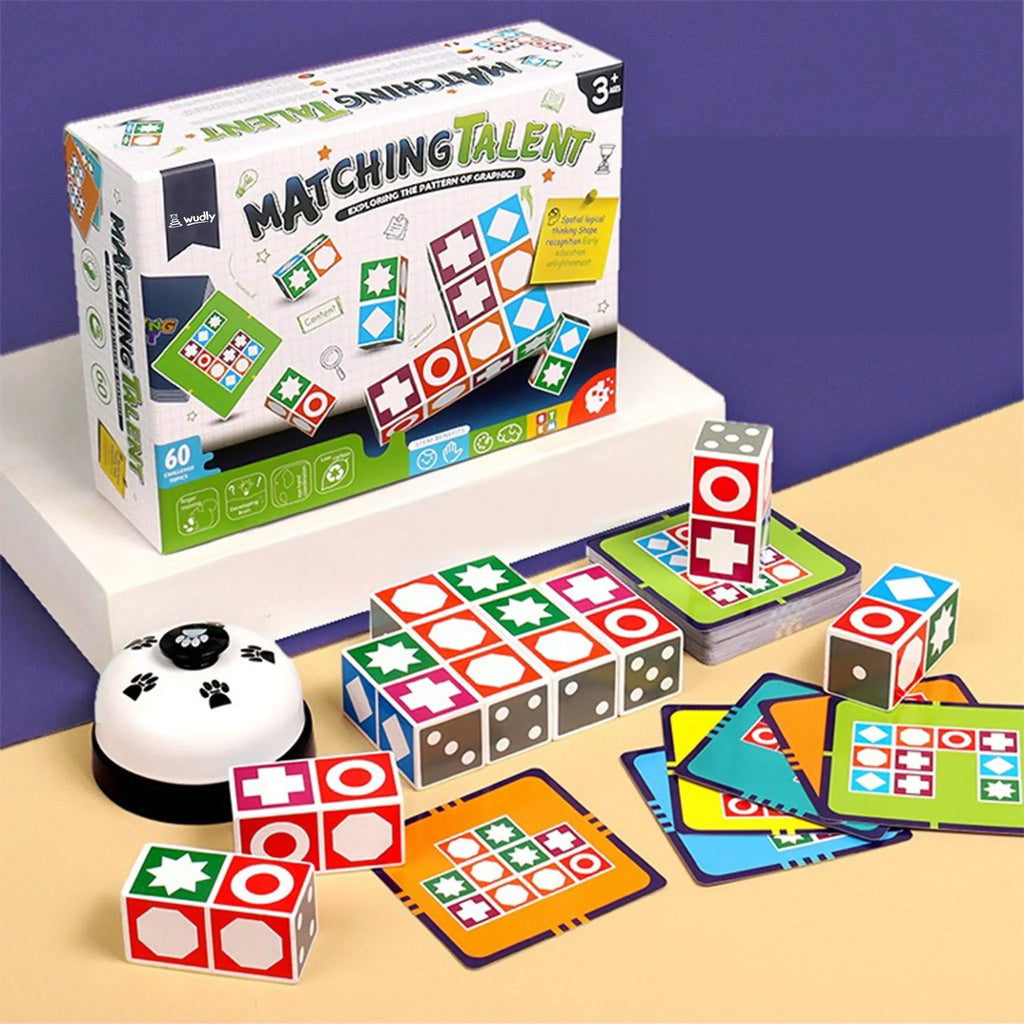 Wudly - Wooden Matching Game Puzzle 4.0 Games, Pattern Block Match Puzzles Building Cubes with Bell for Kids and Adults Toys Board Games for Family, 4+ years Kids, Multi Colors, Child Safe Certified - Naivri