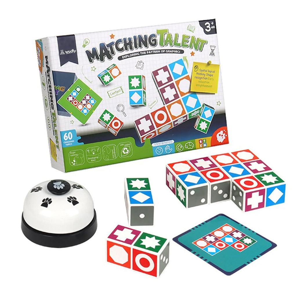 Wudly - Wooden Matching Game Puzzle 4.0 Games, Pattern Block Match Puzzles Building Cubes with Bell for Kids and Adults Toys Board Games for Family, 4+ years Kids, Multi Colors, Child Safe Certified - Naivri