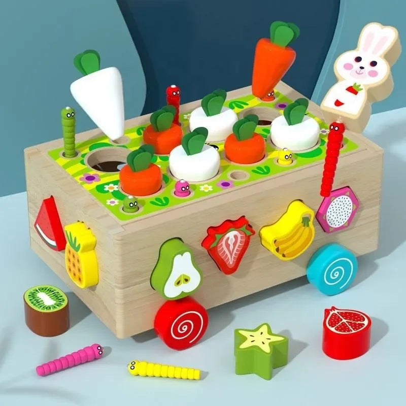 Wudly Wooden Montessori Fine Motor Toys for Baby Toddler, Wooden Shape Sorter Carrot Harvest Game, Preschool Learning Educational Toys for 2+ Years old kids. (Set of 32 pcs) Child Safe Certified. (Multi colors) - Naivri