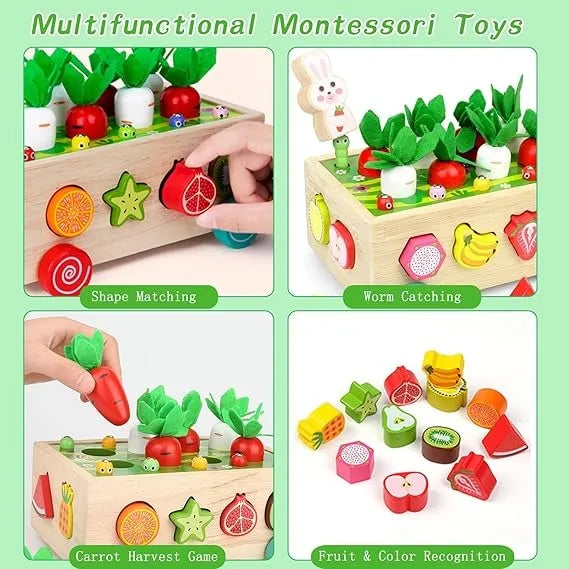 Wudly Wooden Montessori Fine Motor Toys for Baby Toddler, Wooden Shape Sorter Carrot Harvest Game, Preschool Learning Educational Toys for 2+ Years old kids. (Set of 32 pcs) Child Safe Certified. (Multi colors) - Naivri