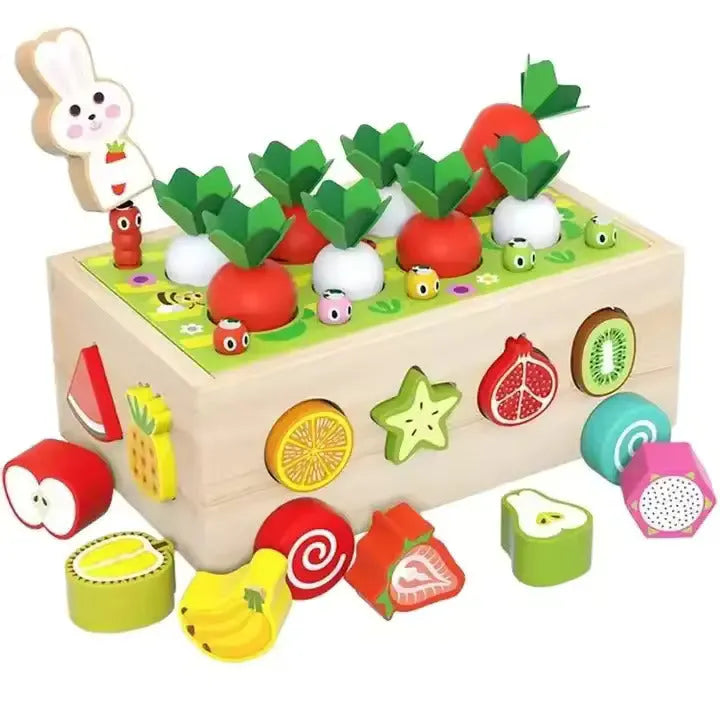 Wudly Wooden Montessori Fine Motor Toys for Baby Toddler, Wooden Shape Sorter Carrot Harvest Game, Preschool Learning Educational Toys for 2+ Years old kids. (Set of 32 pcs) Child Safe Certified. (Multi colors) - Naivri