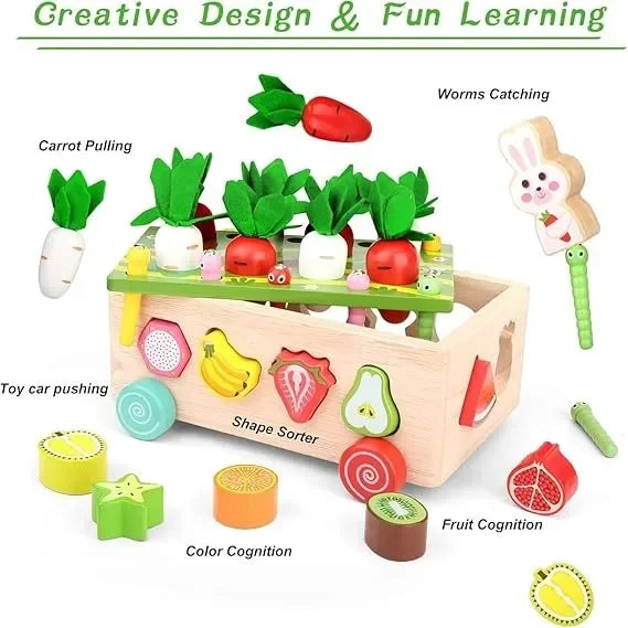 Wudly Wooden Montessori Fine Motor Toys for Baby Toddler, Wooden Shape Sorter Carrot Harvest Game, Preschool Learning Educational Toys for 2+ Years old kids. (Set of 32 pcs) Child Safe Certified. (Multi colors) - Naivri