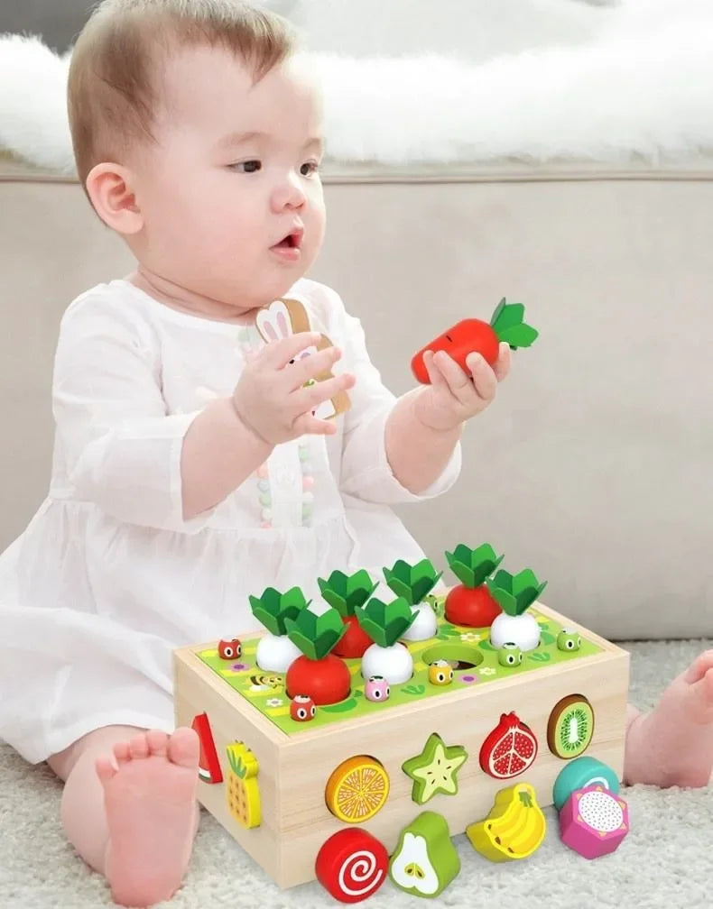 Wudly Wooden Montessori Fine Motor Toys for Baby Toddler, Wooden Shape Sorter Carrot Harvest Game, Preschool Learning Educational Toys for 2+ Years old kids. (Set of 32 pcs) Child Safe Certified. (Multi colors) - Naivri