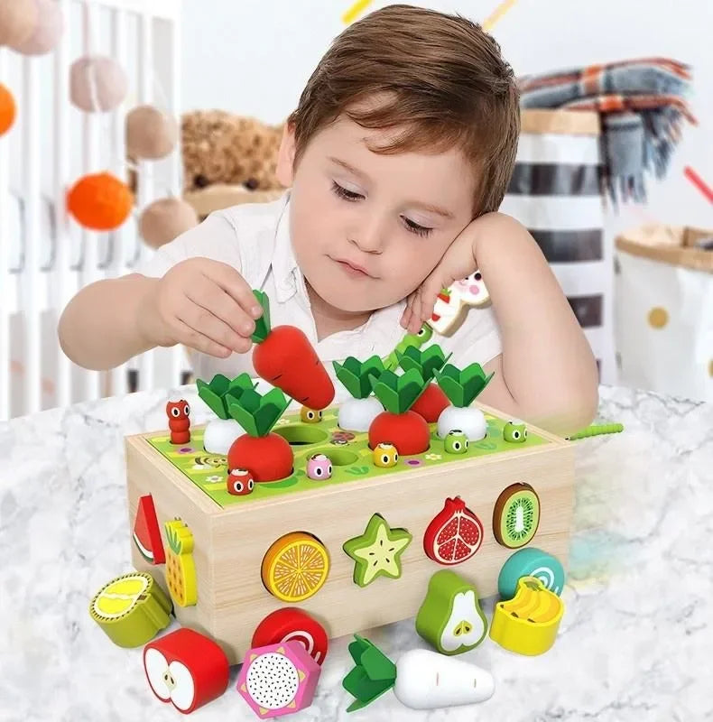 Wudly Wooden Montessori Fine Motor Toys for Baby Toddler, Wooden Shape Sorter Carrot Harvest Game, Preschool Learning Educational Toys for 2+ Years old kids. (Set of 32 pcs) Child Safe Certified. (Multi colors) - Naivri