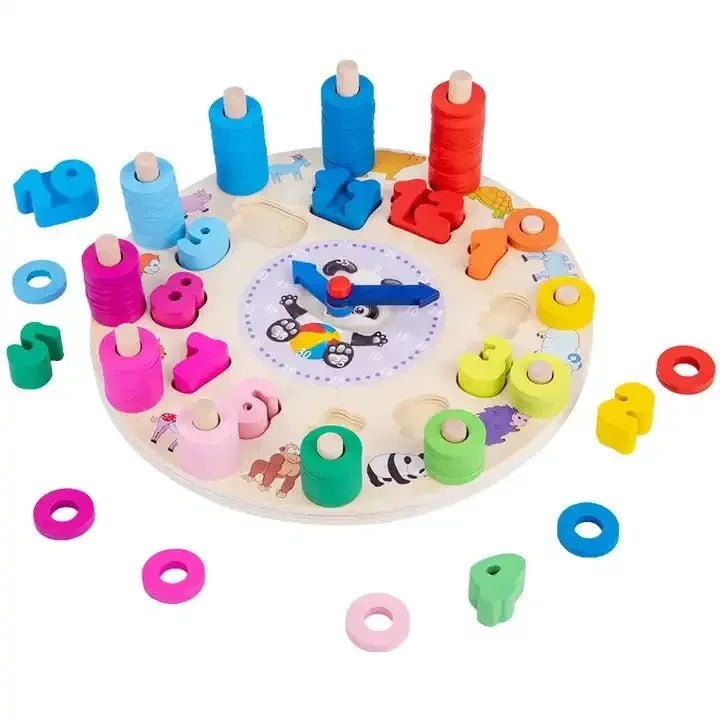 Wudly - Wooden Number Counting Learning Clock, Time Clock Learning Wooden Puzzle,Teaching Time Numbers Blocks Puzzle, Early Learning Educational Toy for 3+ years Kids, Child Safe Certified, Multi Colors. - Naivri