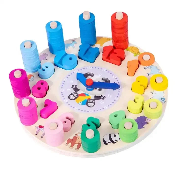 Wudly - Wooden Number Counting Learning Clock, Time Clock Learning Wooden Puzzle,Teaching Time Numbers Blocks Puzzle, Early Learning Educational Toy for 3+ years Kids, Child Safe Certified, Multi Colors. - Naivri