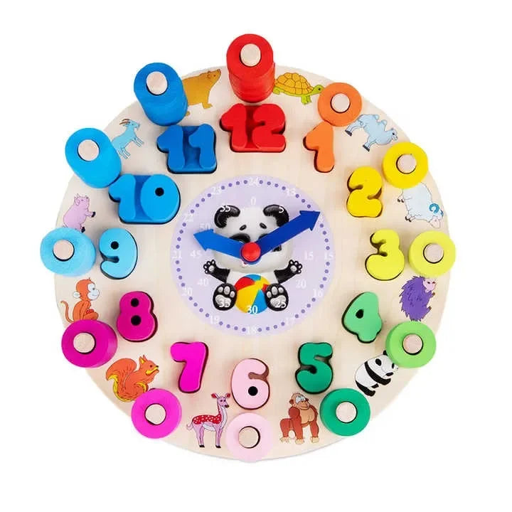 Wudly - Wooden Number Counting Learning Clock, Time Clock Learning Wooden Puzzle,Teaching Time Numbers Blocks Puzzle, Early Learning Educational Toy for 3+ years Kids, Child Safe Certified, Multi Colors. - Naivri