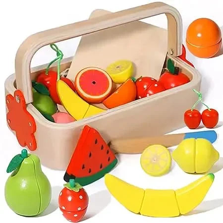 Wudly - Wooden Pretend Cutting Fruit Set with Wood Knife & Storage Basket Montessori Early Education Play Food Games Kitchen Accessories Set Toys for 3+ Years old Girls & Boys, Child Safe Certified, Multi colors - Naivri