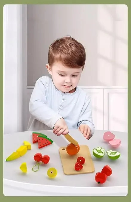 Wudly - Wooden Pretend Cutting Fruit Set with Wood Knife & Storage Basket Montessori Early Education Play Food Games Kitchen Accessories Set Toys for 3+ Years old Girls & Boys, Child Safe Certified, Multi colors - Naivri