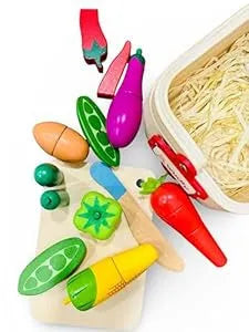 Wudly - Wooden Pretend Cutting Vegetable Set with Wood Knife & Storage Basket Montessori Early Education Play Food Games Kitchen Accessories Set Toys for 3+ Years old Girls & Boys, Child Safe Certified, Multi colors - Naivri