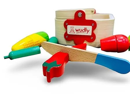 Wudly - Wooden Pretend Cutting Vegetable Set with Wood Knife & Storage Basket Montessori Early Education Play Food Games Kitchen Accessories Set Toys for 3+ Years old Girls & Boys, Child Safe Certified, Multi colors - Naivri