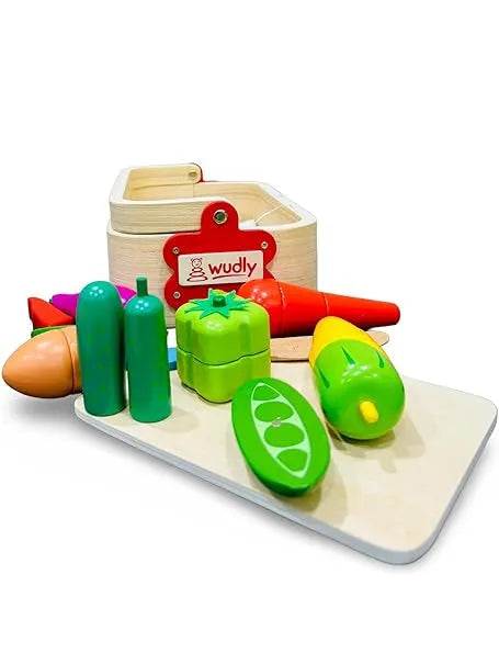 Wudly - Wooden Pretend Cutting Vegetable Set with Wood Knife & Storage Basket Montessori Early Education Play Food Games Kitchen Accessories Set Toys for 3+ Years old Girls & Boys, Child Safe Certified, Multi colors - Naivri