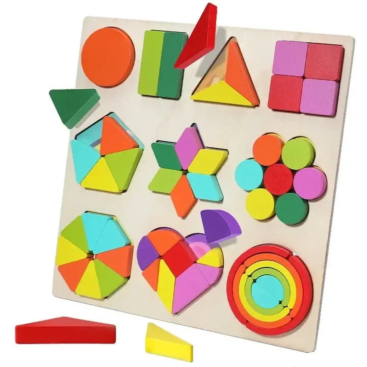 Wudly - Wooden Shapes Puzzle Learning Toy, Montessori Game Educational Toys, Intelligence Brain Teaser Puzzle Board With 10 Designer Shapes,(set of 54 pcs), 3+ Years, Chid Safe Certified, Multi colors. - Naivri