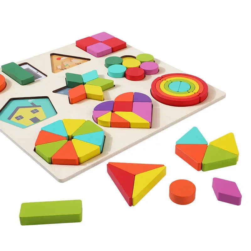Wudly - Wooden Shapes Puzzle Learning Toy, Montessori Game Educational Toys, Intelligence Brain Teaser Puzzle Board With 10 Designer Shapes,(set of 54 pcs), 3+ Years, Chid Safe Certified, Multi colors. - Naivri