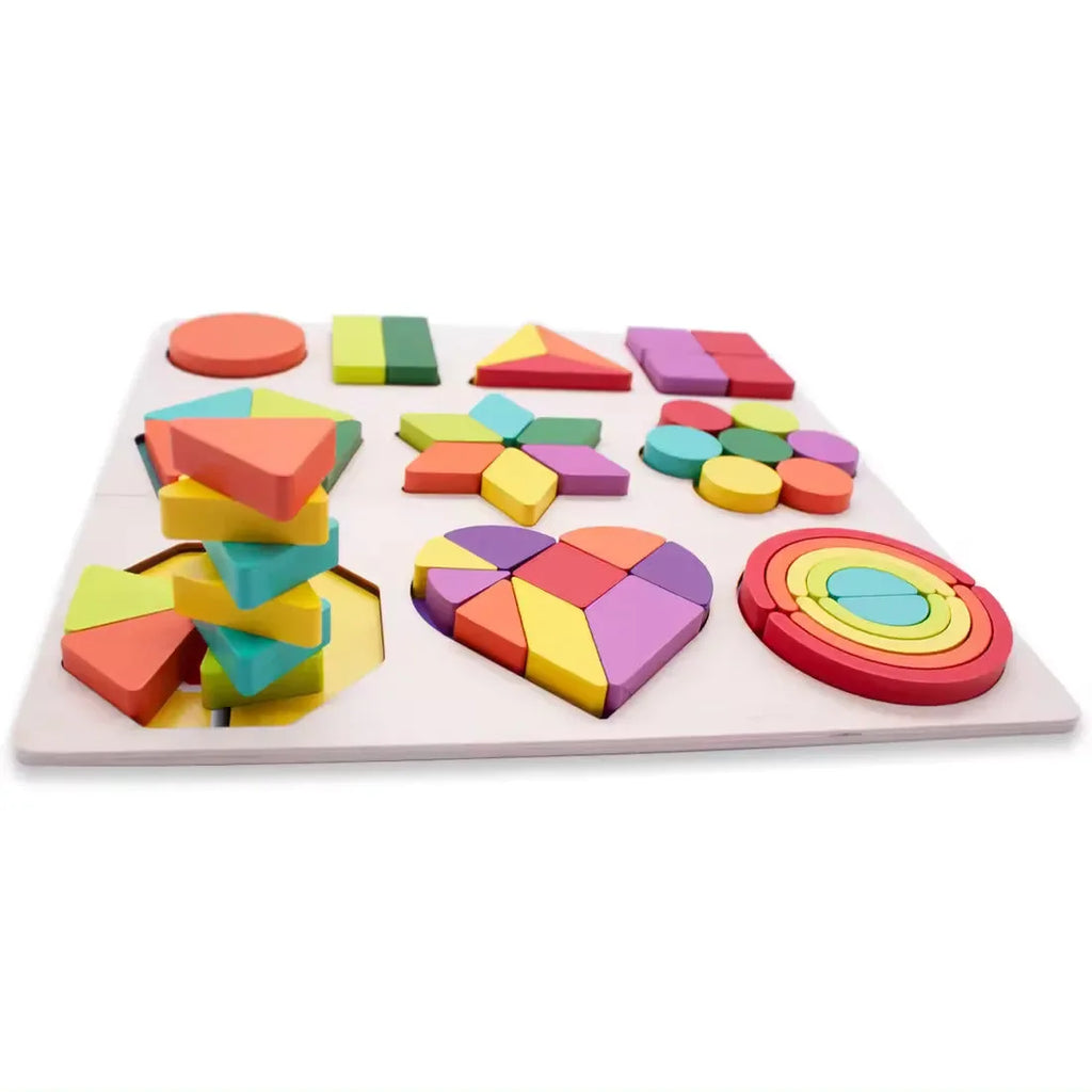 Wudly - Wooden Shapes Puzzle Learning Toy, Montessori Game Educational Toys, Intelligence Brain Teaser Puzzle Board With 10 Designer Shapes,(set of 54 pcs), 3+ Years, Chid Safe Certified, Multi colors. - Naivri