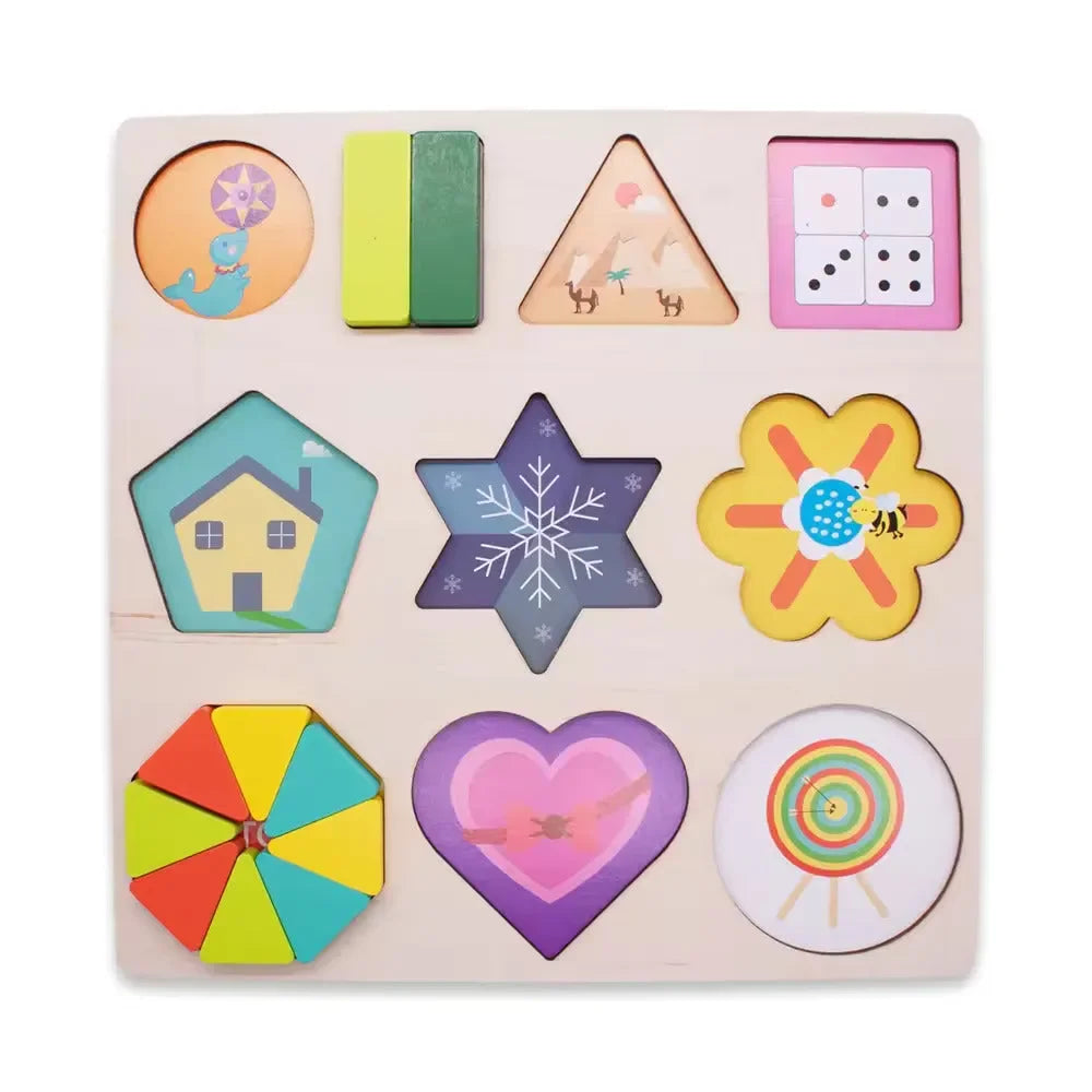 Wudly - Wooden Shapes Puzzle Learning Toy, Montessori Game Educational Toys, Intelligence Brain Teaser Puzzle Board With 10 Designer Shapes,(set of 54 pcs), 3+ Years, Chid Safe Certified, Multi colors. - Naivri