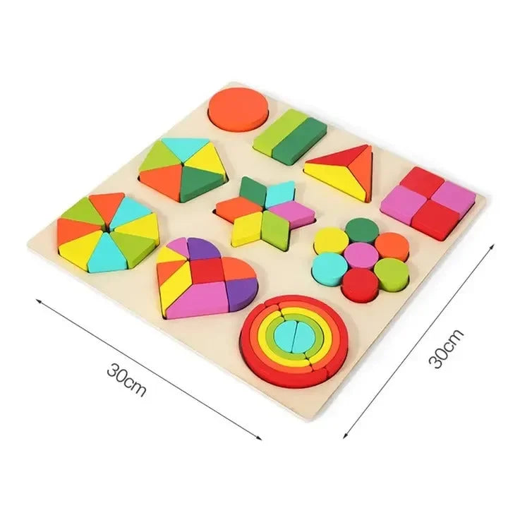 Wudly - Wooden Shapes Puzzle Learning Toy, Montessori Game Educational Toys, Intelligence Brain Teaser Puzzle Board With 10 Designer Shapes,(set of 54 pcs), 3+ Years, Chid Safe Certified, Multi colors. - Naivri