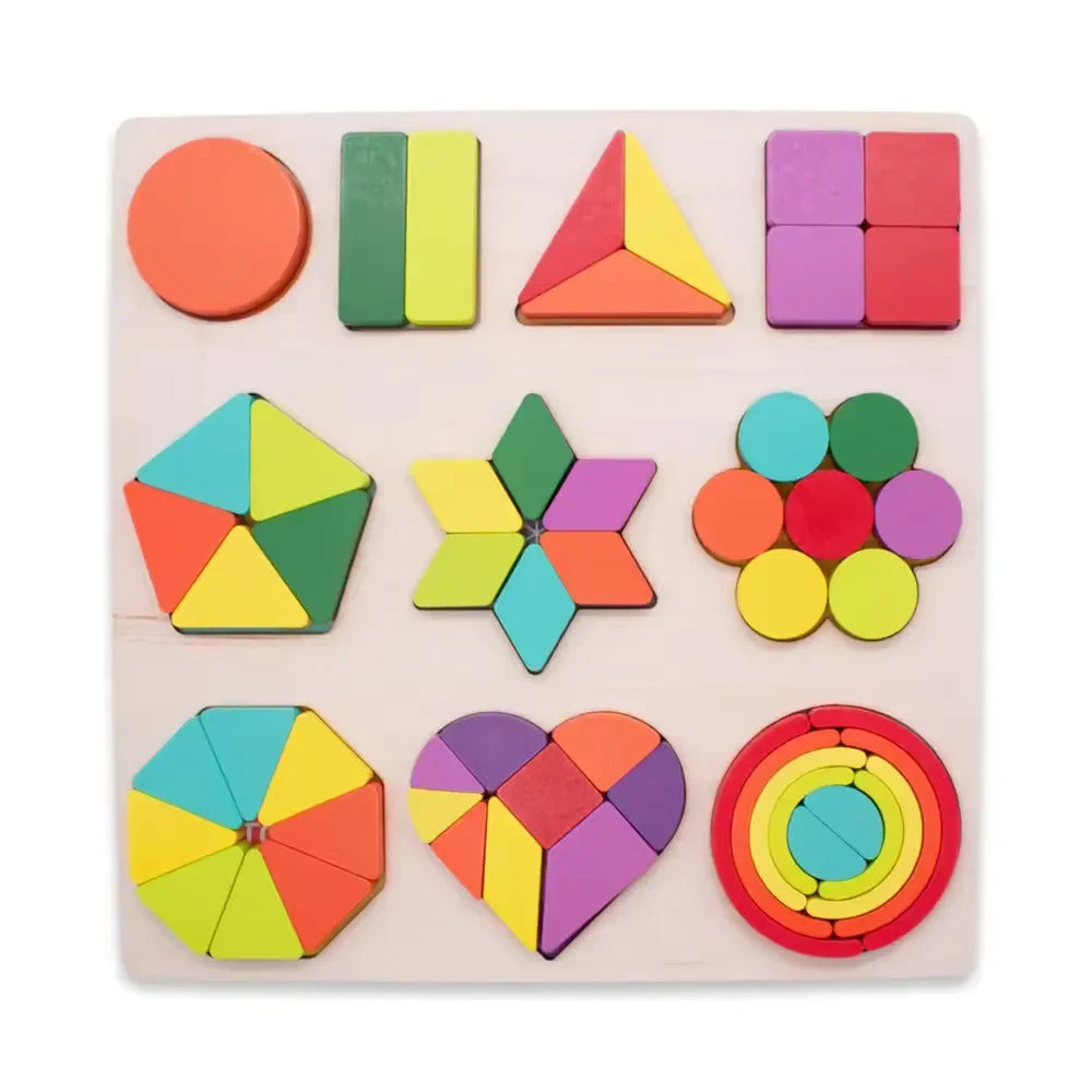 Wudly - Wooden Shapes Puzzle Learning Toy, Montessori Game Educational Toys, Intelligence Brain Teaser Puzzle Board With 10 Designer Shapes,(set of 54 pcs), 3+ Years, Chid Safe Certified, Multi colors. - Naivri