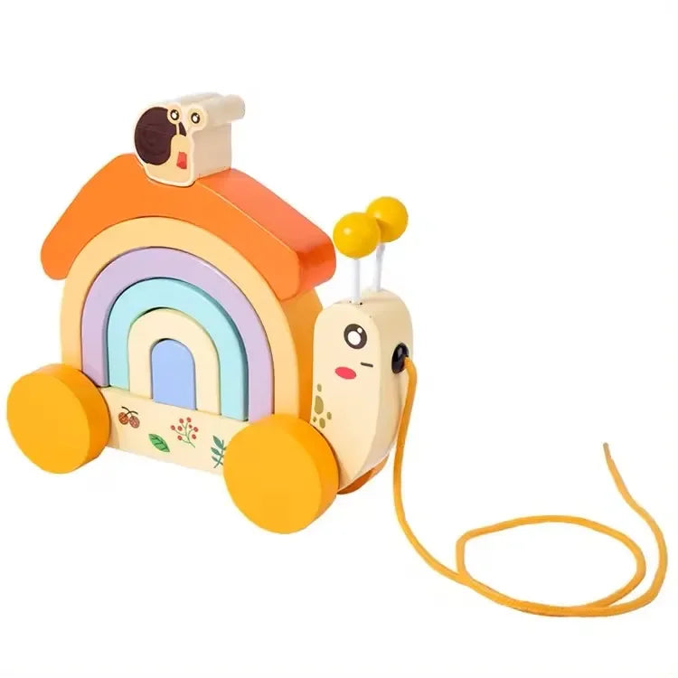 Wudly - Wooden Snail tractor, Pull along toy, Rainbow stacker, Color Blocks, Round Pull toy, toddler activity for 1+ Years kids, Child Safe Certified, Multi Colors - Naivri