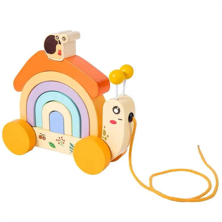 Wudly - Wooden Snail tractor, Pull along toy, Rainbow stacker, Color Blocks, Round Pull toy, toddler activity for 1+ Years kids, Child Safe Certified, Multi Colors - Naivri