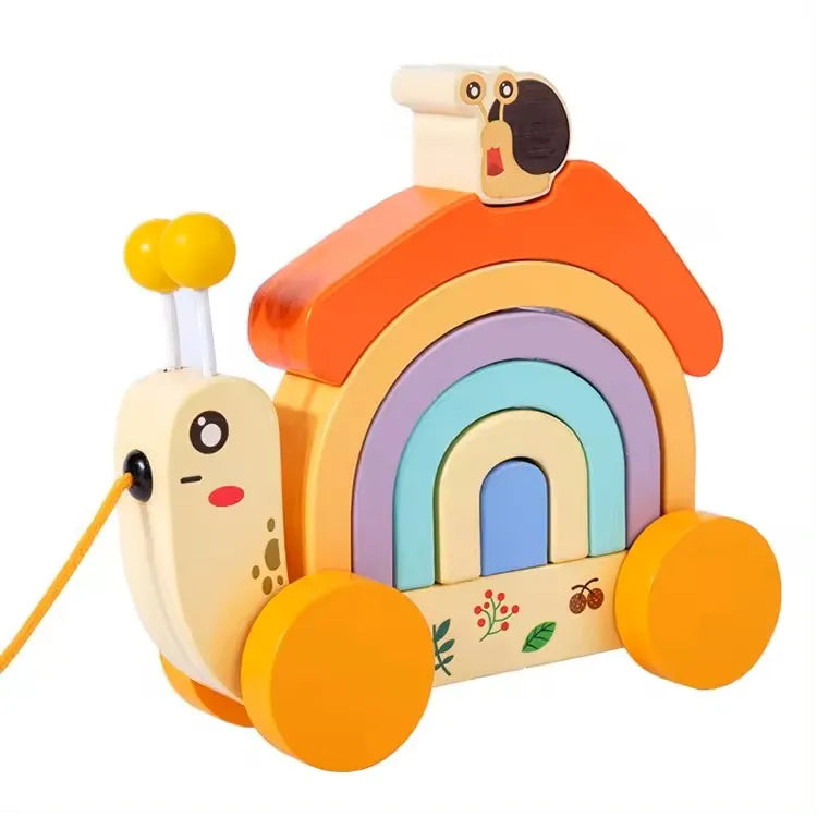 Wudly - Wooden Snail tractor, Pull along toy, Rainbow stacker, Color Blocks, Round Pull toy, toddler activity for 1+ Years kids, Child Safe Certified, Multi Colors - Naivri