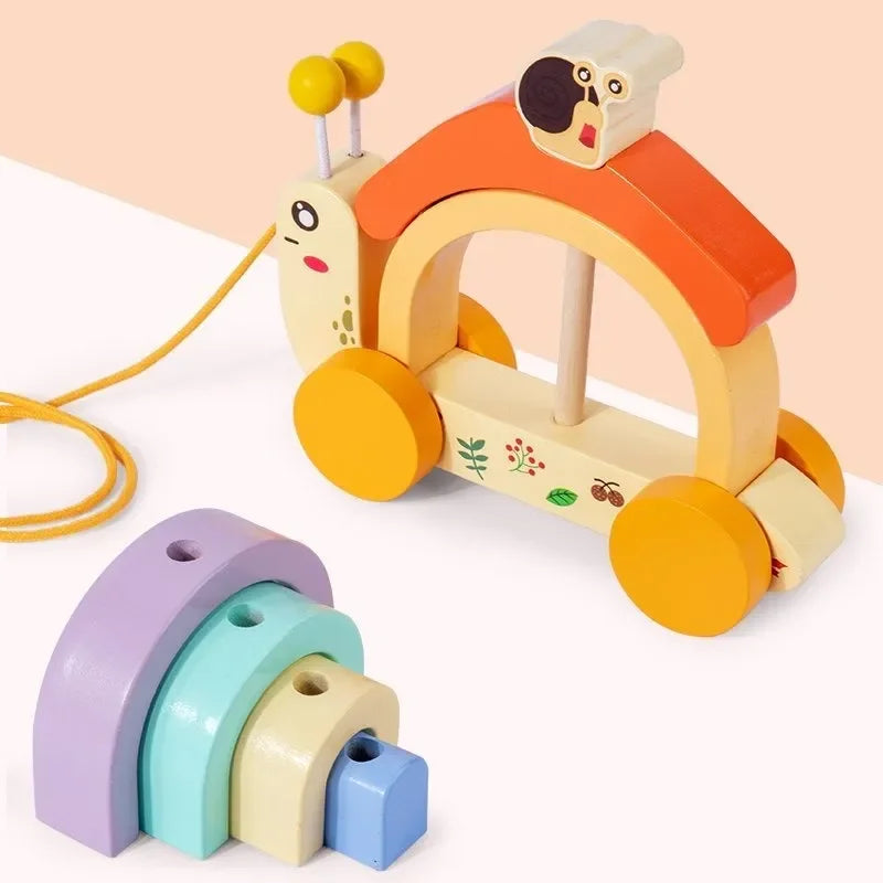 Wudly - Wooden Snail tractor, Pull along toy, Rainbow stacker, Color Blocks, Round Pull toy, toddler activity for 1+ Years kids, Child Safe Certified, Multi Colors - Naivri