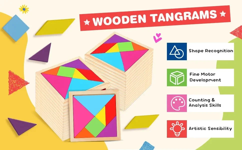 Wudly - Wooden Tangram Puzzle for Mind Development pattern Educational Toy for 3+ Years Kids, 8 Pieces Set, Child Safe Certified, Multicolors - Naivri