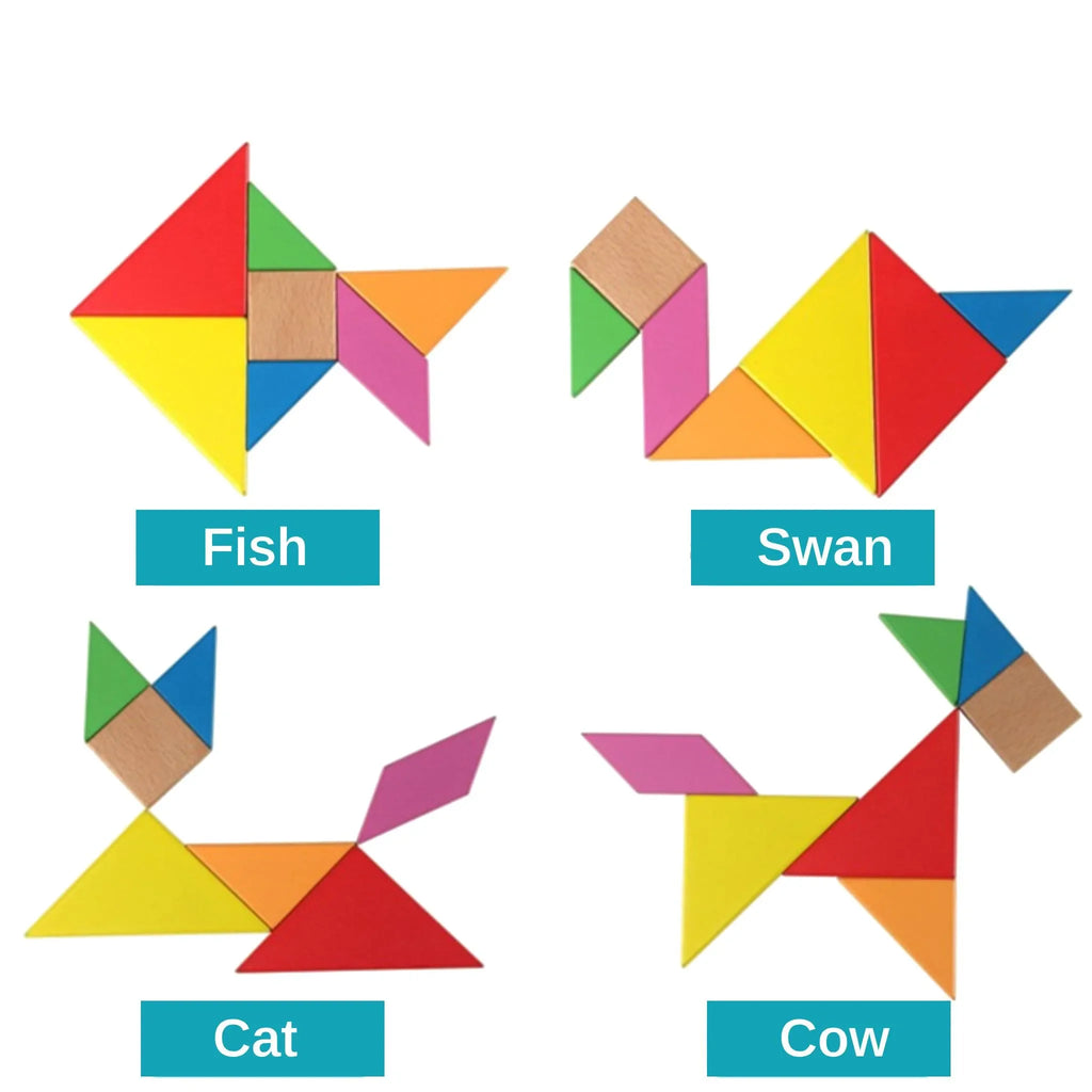 Wudly - Wooden Tangram Puzzle for Mind Development pattern Educational Toy for 3+ Years Kids, 8 Pieces Set, Child Safe Certified, Multicolors - Naivri