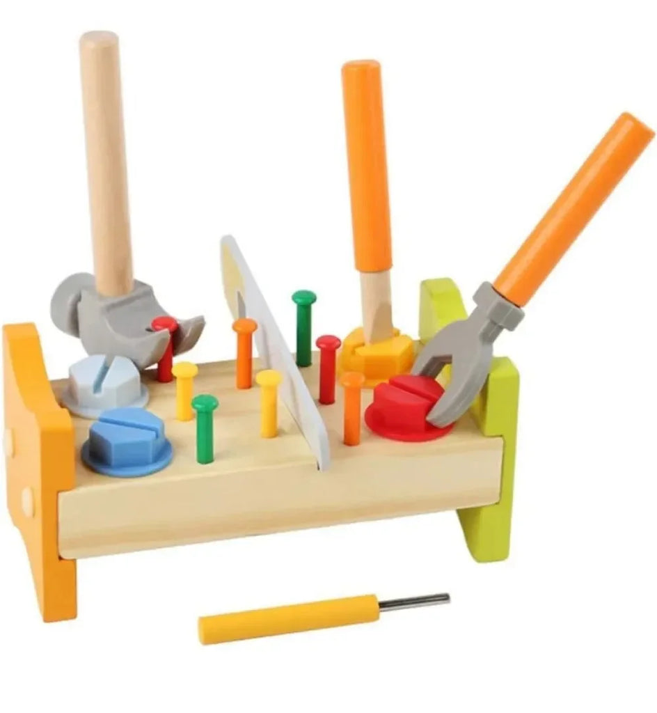 Wudly -Wooden Tool Bench -Small 1 Set Nut Knock Dingta STEM Educational Toy Construction Bench Toy Hand Eye Coordination Toy Workbench Pounding Hammer Toy Pound Hammer Toys for 3+ Years Kids, Set of 18 pcs, Child Safe Certified, Multi Colors - Naivri