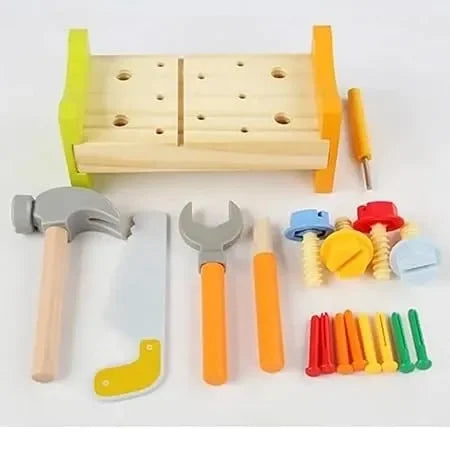 Wudly -Wooden Tool Bench -Small 1 Set Nut Knock Dingta STEM Educational Toy Construction Bench Toy Hand Eye Coordination Toy Workbench Pounding Hammer Toy Pound Hammer Toys for 3+ Years Kids, Set of 18 pcs, Child Safe Certified, Multi Colors - Naivri