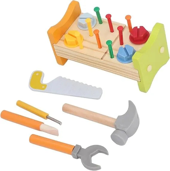 Wudly -Wooden Tool Bench -Small 1 Set Nut Knock Dingta STEM Educational Toy Construction Bench Toy Hand Eye Coordination Toy Workbench Pounding Hammer Toy Pound Hammer Toys for 3+ Years Kids, Set of 18 pcs, Child Safe Certified, Multi Colors - Naivri