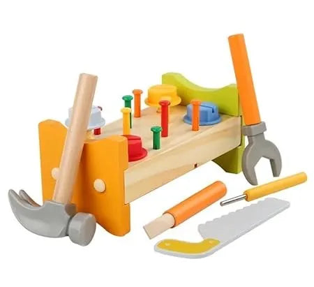 Wudly -Wooden Tool Bench -Small 1 Set Nut Knock Dingta STEM Educational Toy Construction Bench Toy Hand Eye Coordination Toy Workbench Pounding Hammer Toy Pound Hammer Toys for 3+ Years Kids, Set of 18 pcs, Child Safe Certified, Multi Colors - Naivri