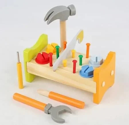 Wudly -Wooden Tool Bench -Small 1 Set Nut Knock Dingta STEM Educational Toy Construction Bench Toy Hand Eye Coordination Toy Workbench Pounding Hammer Toy Pound Hammer Toys for 3+ Years Kids, Set of 18 pcs, Child Safe Certified, Multi Colors - Naivri