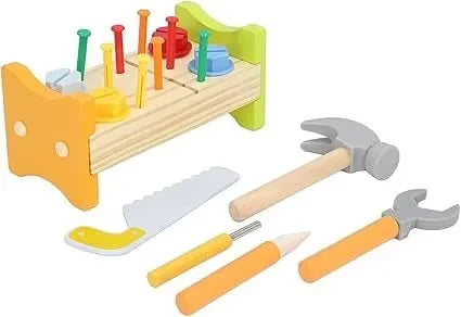Wudly -Wooden Tool Bench -Small 1 Set Nut Knock Dingta STEM Educational Toy Construction Bench Toy Hand Eye Coordination Toy Workbench Pounding Hammer Toy Pound Hammer Toys for 3+ Years Kids, Set of 18 pcs, Child Safe Certified, Multi Colors - Naivri