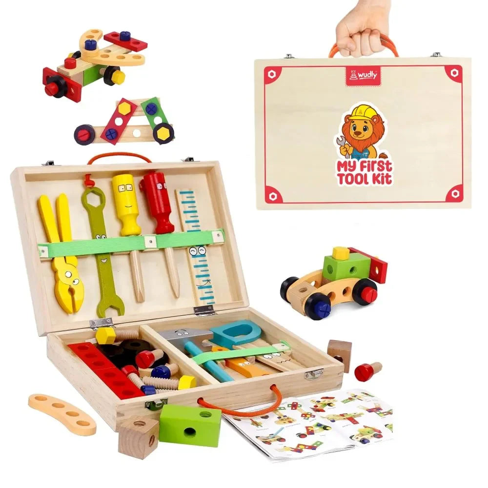 Wudly - Wooden Tool Box, Montessori Educational STEM Toys, Construction Learning Toys for 3+ Years Kids, Set of 53 pcs, Child Safe Certified, Multi color - Naivri